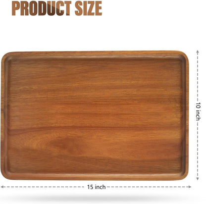 Charmlife 1 pcs 15"x 10" Solid Acacia Wood Serving Tray Rectangular Wooden Serving Platter Natural Wooden Board for Bar Coffee Party