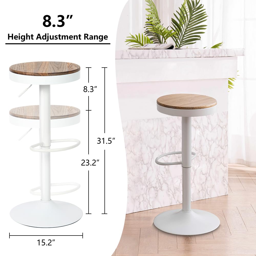 Kidol & Shellder Bar Stools Set of 2 White Round Adjustable Swivel Barstools Modern Backless Bar Chairs Wooden Seat Counter Height Stools Armless for Kitchen Island, Cafe, Dining Room