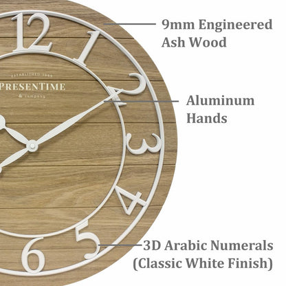 Presentime & Co Classic Farmhouse Shiplap Clock, 19.5 inch, White Arabic Numerals with Ash Wood Shiplap Style. Large Farmhouse Decor for Living Room, Entryway, Home Office, Wall Décor