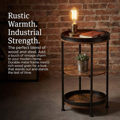 Dulcii Side Table, Round End Table with 3 Storage Shelves for Living Room, Bedroom, Nightstand with Steel Frame for Small Spaces, Industrial Round Sofa Table, Outdoor Accent Coffee Table, Rustic Brown