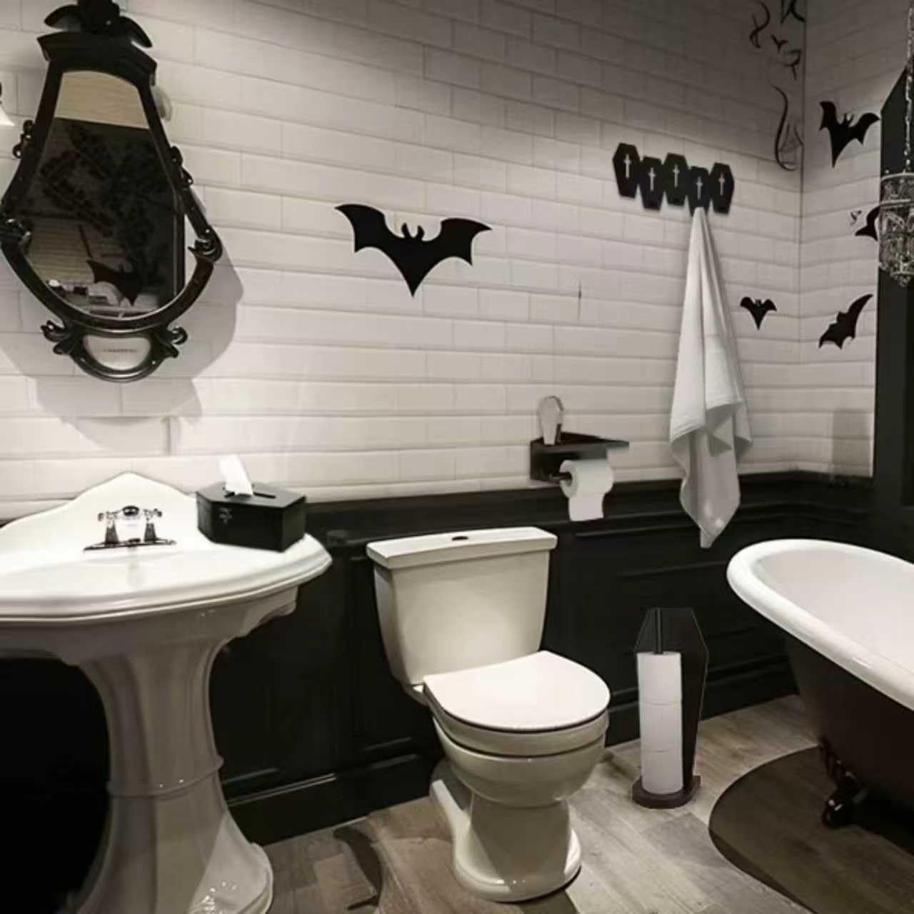 Gothvanity Gothic Coffin Toilet Paper Holder with Shelf - Matte Black Spooky Dark Aesthetic Bathroom Decor, Wooden Space-Saving Paper Roll Storage