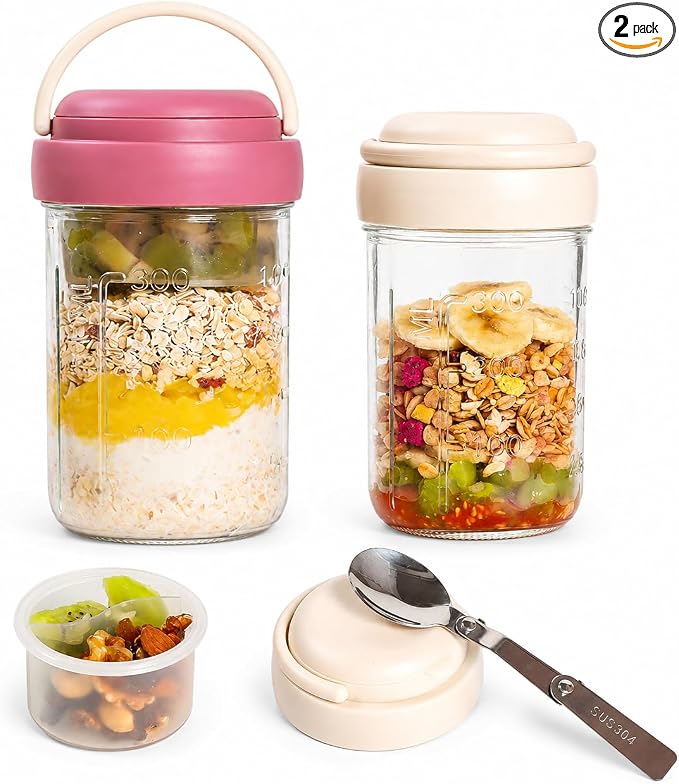Overnight Oats Containers with Handles & Lids – 16oz Glass Mason Jars with Spoons & Fruit Compartments, Meal Prep Breakfast Jars, 2 Sets (Cream, Purple)