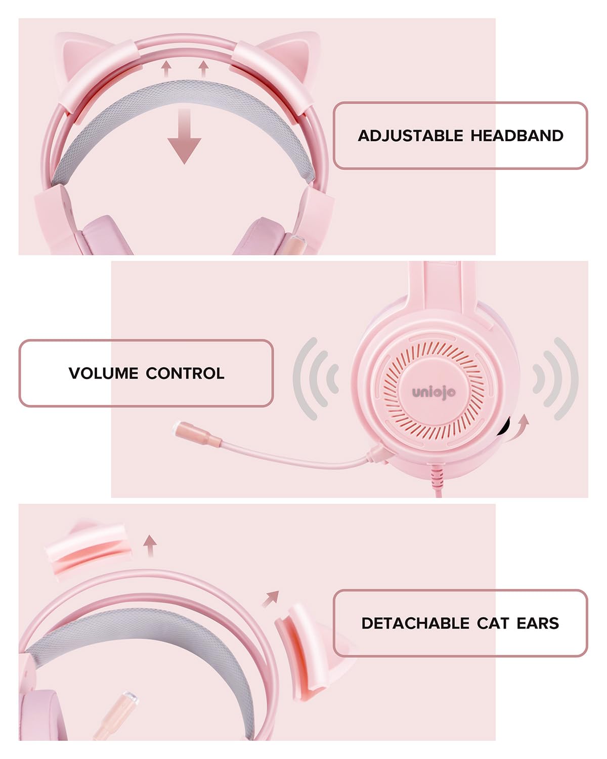 UNIOJO Upgraded Pink Gaming Headset for PS4, PS5, Xbox One, PC, Switch, Laptop, Mobile – Cat Ears, Noise-Canceling Mic, 7.1 Surround Sound, LED Light, Soft Memory Earmuffs for Ultimate Comfort