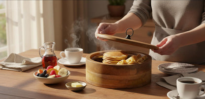 Handcrafted Wooden Mexican Tortilla Warmer Basket Chapati Roti Bread Holder Box Pancake Keeper Serveware Hot Pot Casserole Dish With Lid Home Kitchen Dining Decor, Natural Brown, 9 x 3.5 Inches