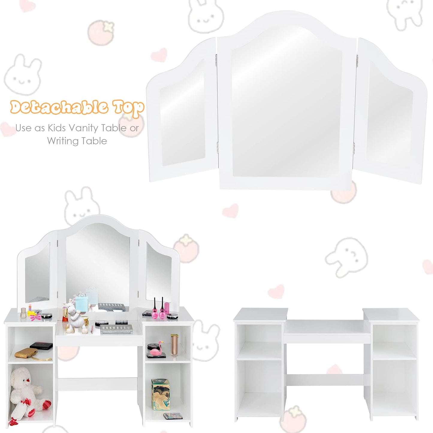 HONEY JOY Kids Vanity, Little Girls Vanity Set with Tri-Folding Mirror, Wooden Princess Makeup Dressing Table, Toddler Vanity, Pretend Play Kids Vanity Table and Chair Set (White)