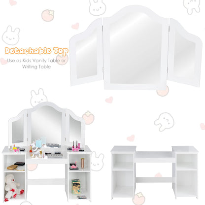 HONEY JOY Kids Vanity, Little Girls Vanity Set with Tri-Folding Mirror, Wooden Princess Makeup Dressing Table, Toddler Vanity, Pretend Play Kids Vanity Table and Chair Set (White)