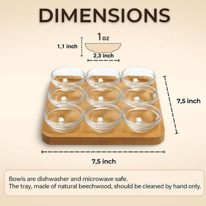 JO! Small Glass Bowls Set with Wooden Serving Tray - Set of 9 Mini Glass Dipping Bowls (1 oz) with Charcuterie Board - Ideal for Party, Snacks and Condiment - Dishwasher & Microwave Safe