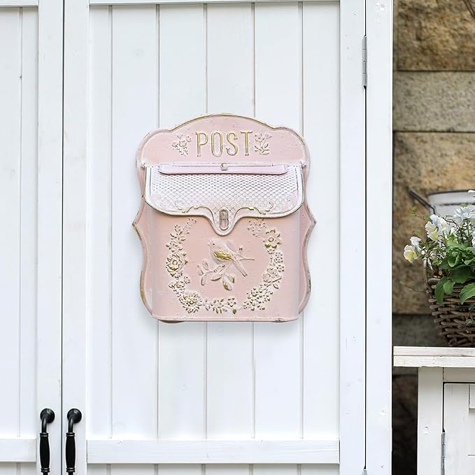 Mailbox Wall Mount Mailboxes for Outside Vintage Mail Boxes for House Outside Metal Drop Box Antique Style Nostalgic Charm Home Decorative, Bird Pattern, Pink