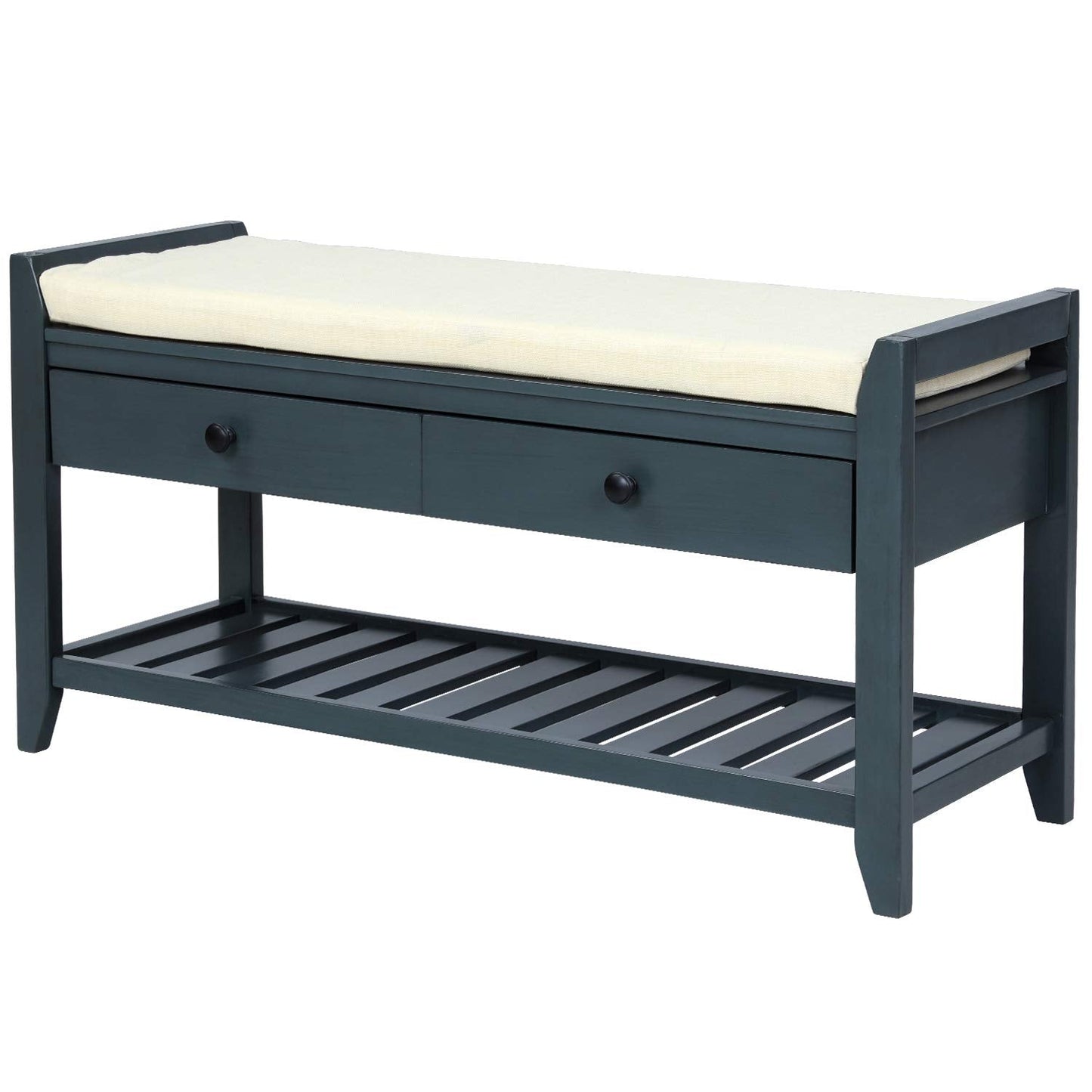 SPOFLYINN Shoe Bench, Entryway Storage Benches with Cushion Seating and Storage Drawers, Multipurpose Wooden Shoe Bench with Bottom Shelf for Entryway Hallway Living Room Bedroom Antique Navy