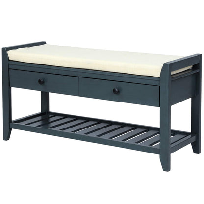 SPOFLYINN Shoe Bench, Entryway Storage Benches with Cushion Seating and Storage Drawers, Multipurpose Wooden Shoe Bench with Bottom Shelf for Entryway Hallway Living Room Bedroom Antique Navy