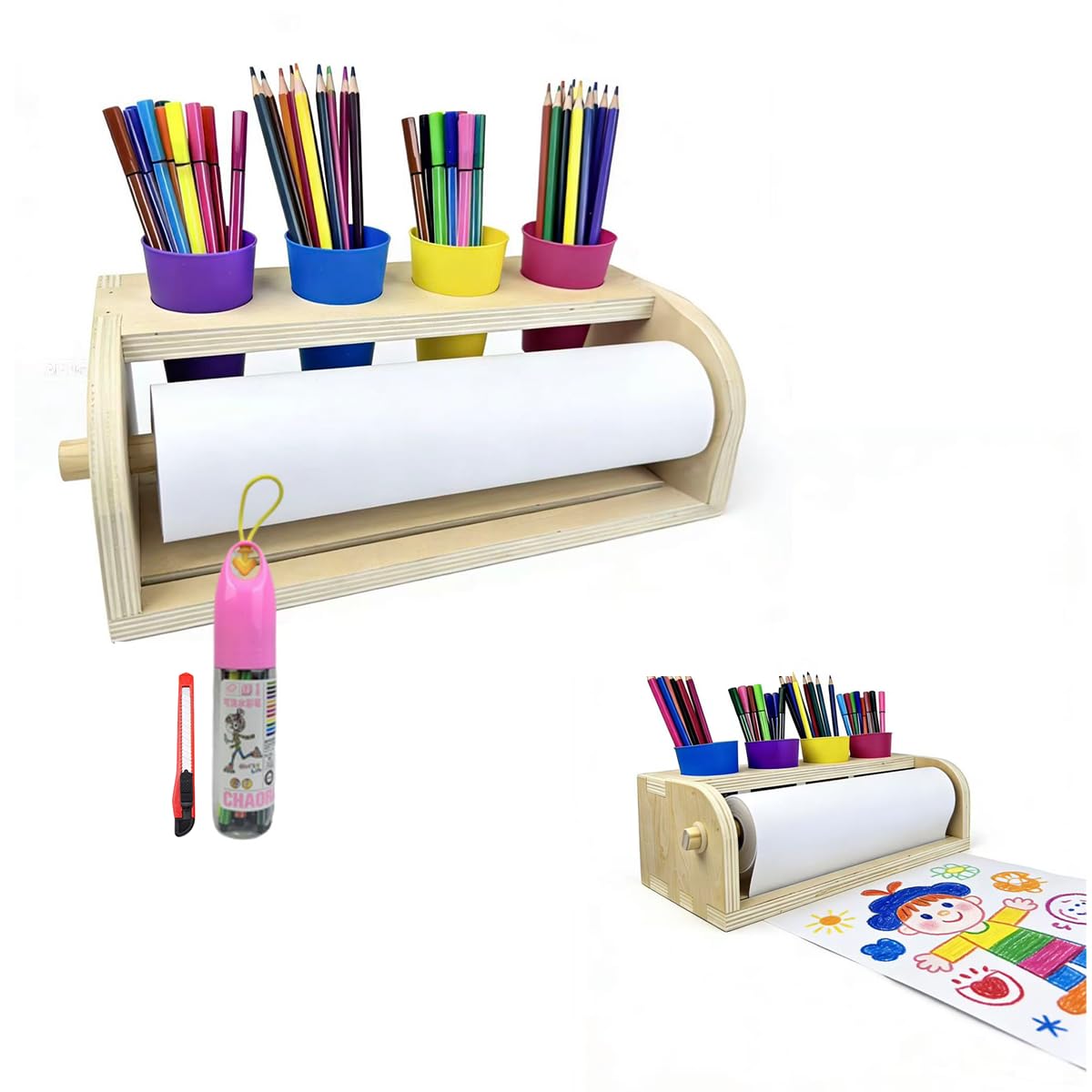 Leemeexaa Wooden Tabletop Paper Roll Holder Art Paper with Roll Dispenser 11.4" x98.4ft and Four Pencil Barrel Art Easel for Drawing,Graffiti Art Paintings Suitable for Homes, Schools or Playroom