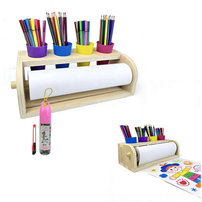 Leemeexaa Wooden Tabletop Paper Roll Holder Art Paper with Roll Dispenser 11.4" x98.4ft and Four Pencil Barrel Art Easel for Drawing,Graffiti Art Paintings Suitable for Homes, Schools or Playroom