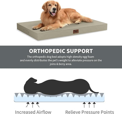 Outdoor All Weather XL Dog Bed, Waterproof Pet Bed for Extra Large Dogs, Orthopedic Egg Crate Foam with Removable Washable Oxford Cooling Cover, 44x32 Inch, Khaki