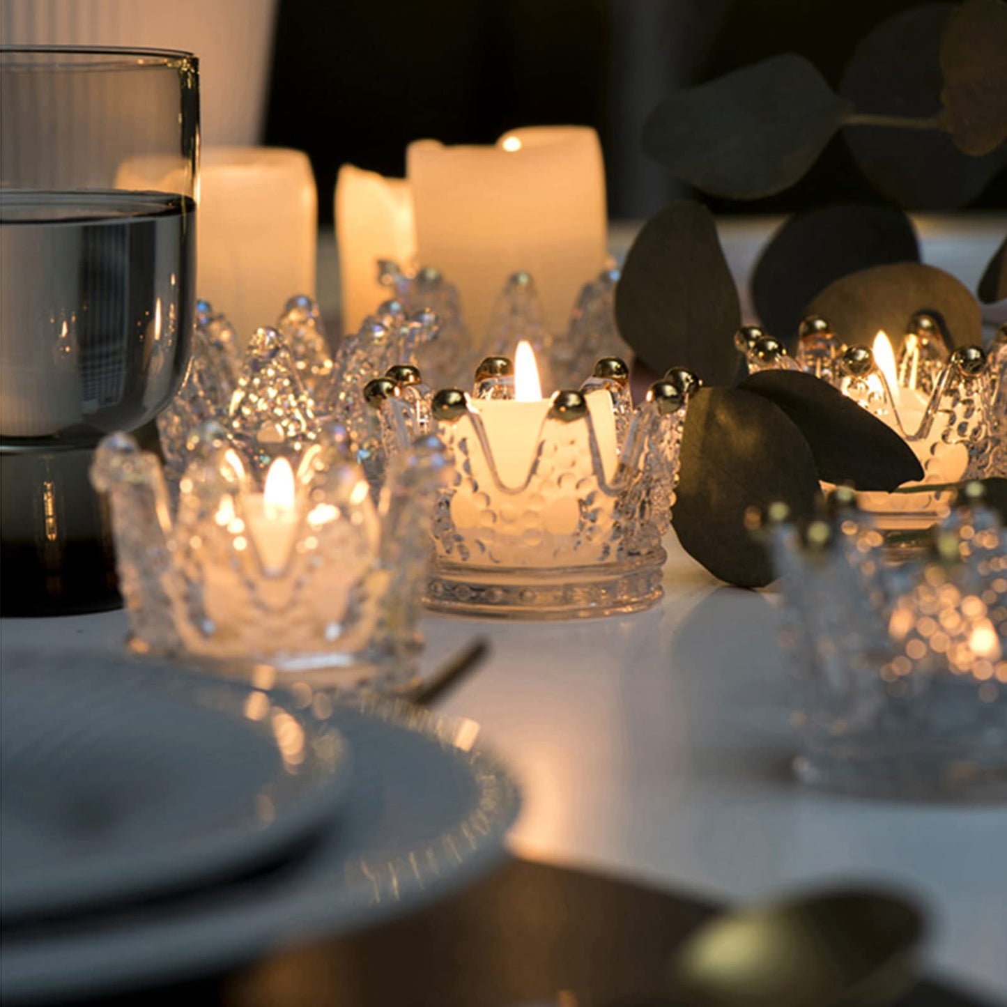 GOLDEAL 24 Pcs Clear Crown Glass Tealight Candle Holders,Votive Candle Holders Bulk,Candlestick for Wedding,Party,Dinner, Home Table Decorative.
