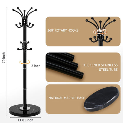 LOZABEE Metal Heavy Duty Coat Rack Stand, Modern Freestanding Coat Rack with Natural Marble Base, 360° Roraty Coat Racks with 16 Hooks, Black Coat Hall Tree Hanger Stand for Entryway, Office