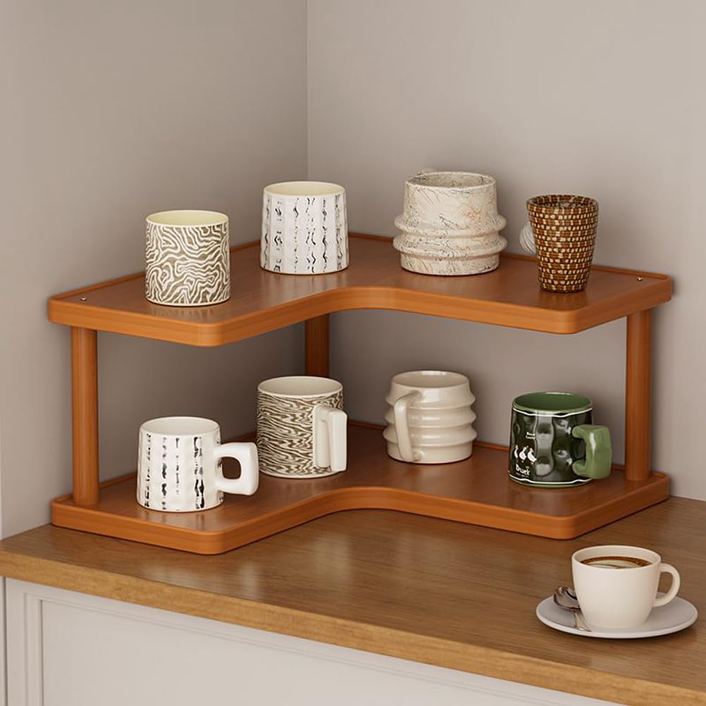 Dreamhousey 2-tier Kitchen countertop corner spice rack, household Cupboard Cabinet coffee mug Cup storage shelf condiment seasoning organizer, desktop wood bookshelf bookcase (2-tier)