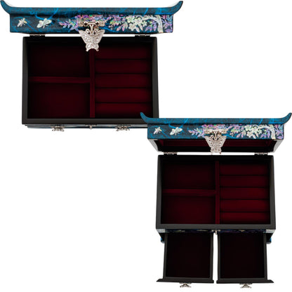 February Mountain Elegant Mother of Pearl Jewelry Box – Handcrafted Wooden Chest with Intricate Butterfly and Crane Designs, 4 Drawer Storage, and Red Velvet Interior – Ideal Gift for Women