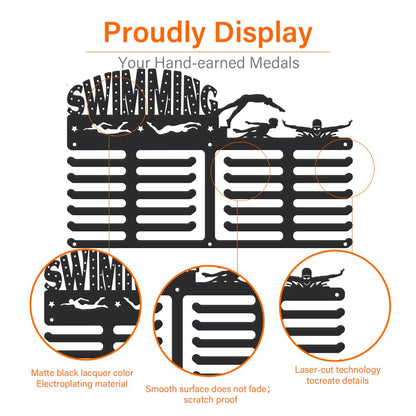 SUPERDANT Swimming Medal Hanger Swim Stars Medals Holder Personalised Award Black Metal Rack Wall Mount Sports Hanging 4 Rows 22 Hangers Non-Slip Hooks Gifts for Man Woman Athletes
