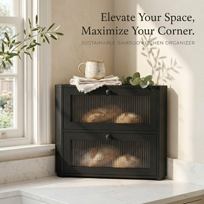 Plusinthebox Black Corner Bread Box,2 Tier Bamboo Bread Box for Kitchen Countertop,Wooden Bread Storage Container and Space-Saving Bread Keeper for Homemade Bread,Bagels and Rolls