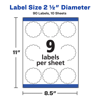 Avery Scallop 2.5 Inch Round Labels with Sure Feed for Laser & Inkjet Printers, 90 White Labels (8218)