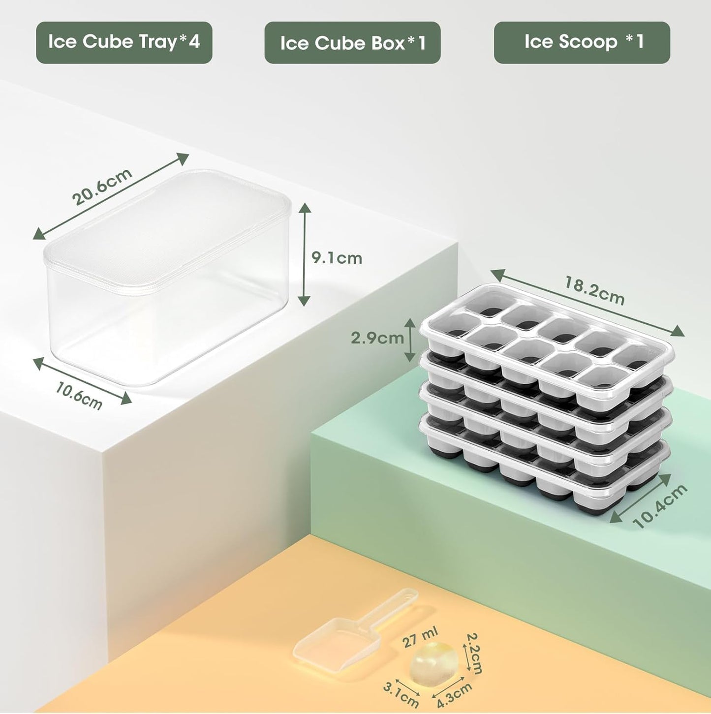 DOQAUS Ice Cube Tray with Lid and Bin, 4 Pack Silicone Plastic Ice Cubes Trays for Freezer with Box/Container, Stackable with Storage Iced Bucket Kits, Scoop, for Baby Food, Cocktail, Coffee
