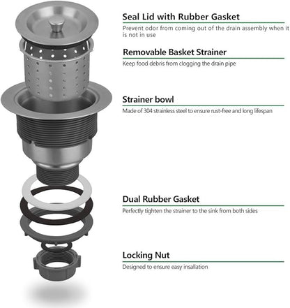 Serene Valley 3-1/2-inch Kitchen Sink Strainer Assembly, 304 Premium Stainless
