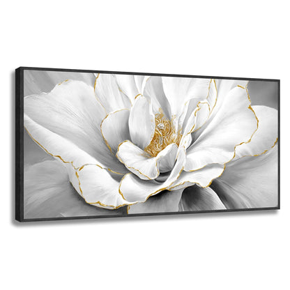 Woxfcart Framed Peony Floral Wall Art, Black and White Dahlias Flower With Gold Accents Print Canvas Artwork for Gray Living Room Bedroom Office Decor, 48 x 24 Inch