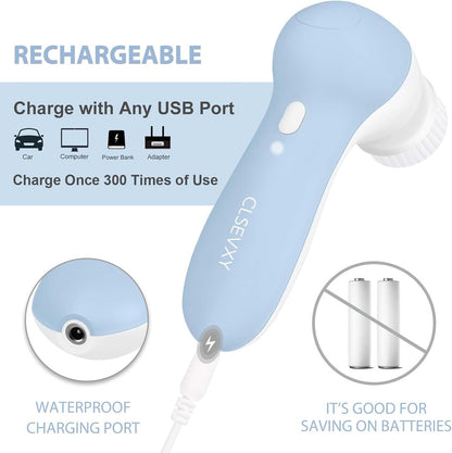 Rechargeable Facial Cleansing Spin Brush Set with 7 Exfoliating Brush Heads - Complete Face Spa System by CLSEVXY - Advanced Microdermabrasion for Gentle Exfoliation and Deep Scrubbing