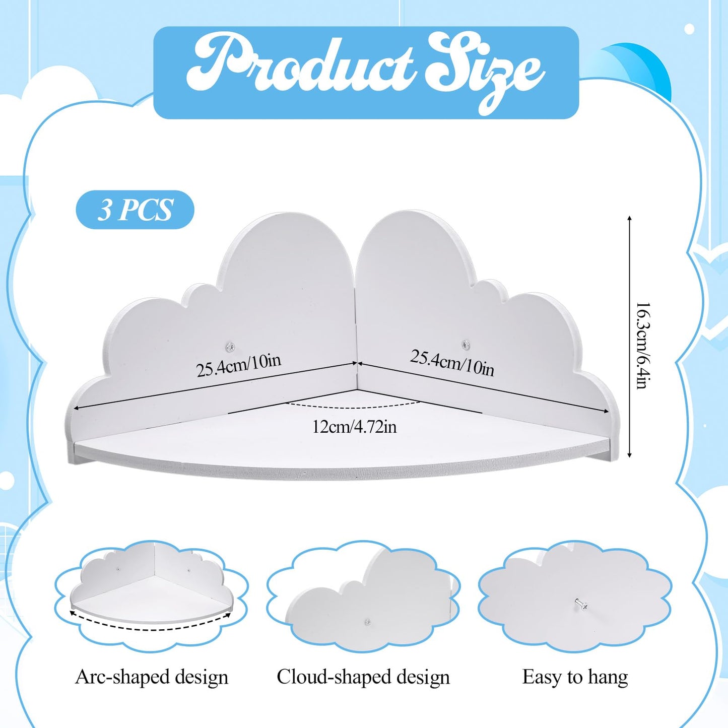 KongTiva Cloud Floating Corner Shelves, Set of 3 Cloud Corner Floating Shelves Wooden Cute Wall Mounted Shelf Clouds Dispaly Shelf for Toys Plants & Storage