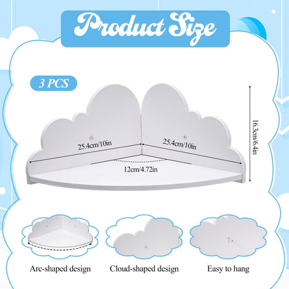 KongTiva Cloud Floating Corner Shelves, Set of 3 Cloud Corner Floating Shelves Wooden Cute Wall Mounted Shelf Clouds Dispaly Shelf for Toys Plants & Storage