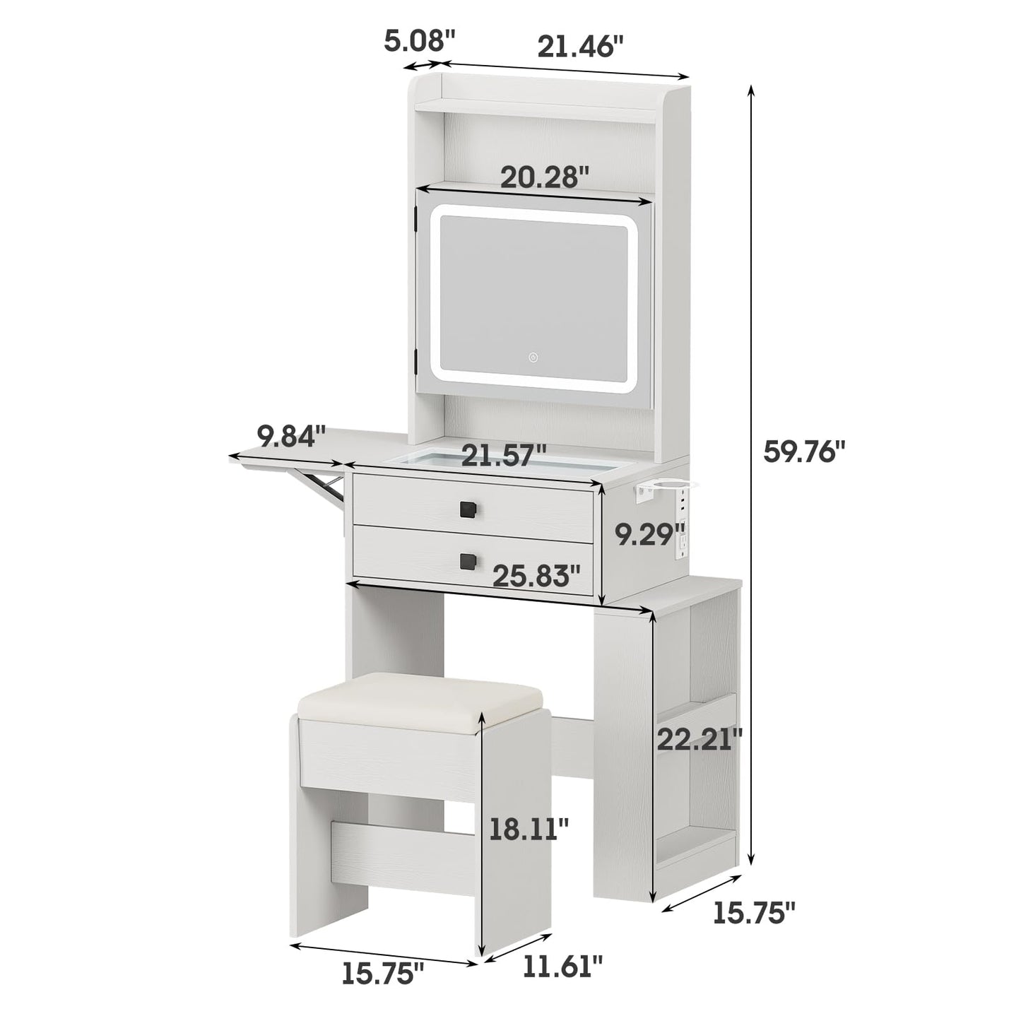 Vabches Small Makeup Vanity Desk with 3 Adjustable Lighted Mirror, White Vanity Set with Fold-up Panel and Charging Station, Glass Top Dressing Table with Drawers and Chair, 2 Hidden Storage Shelves