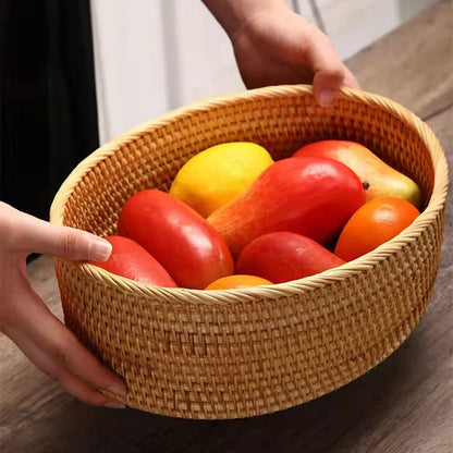 12 inch Oval Rattan Bread Basket, Deep Basket Tray with 4 Inch Wall and Painting Pattern Wooden Bottom, Decorative Wicker Basket Bowl for Coffee Table Décor, Kitchen, Bedroom, Brown, I-lan