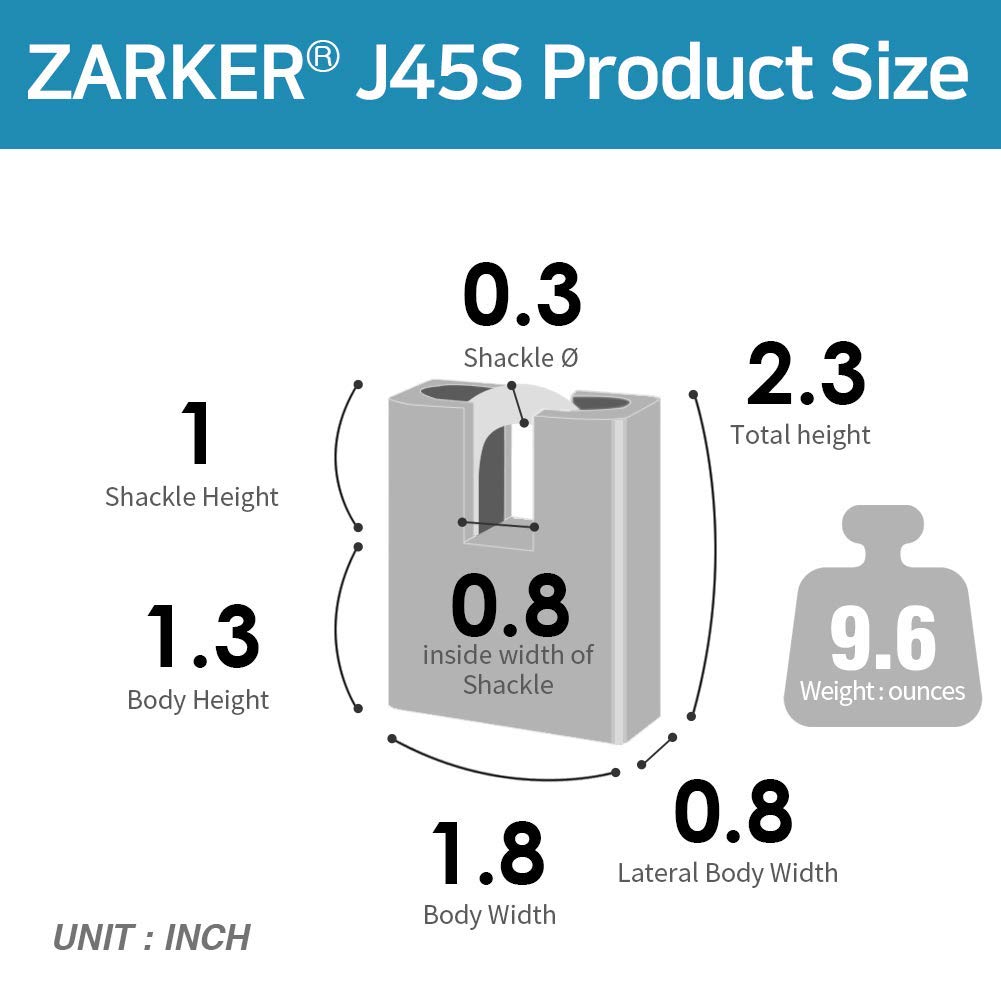 Zarker J45S keyed Padlock, Heavy Duty Stainless Steel Shackle Lock, 3 Keys, Waterproof and Rustproof Storage, Warehouses, Garage, Outdoors, 1-Pack