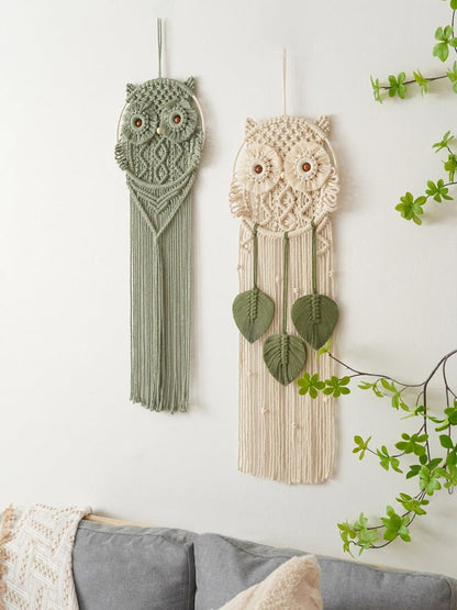 Tissting Cotton Macrame Owl Wall Art - Hand-Woven Boho Decor for Bedroom, Living Room Nursery with Easy Hanging, Housewarming Gift