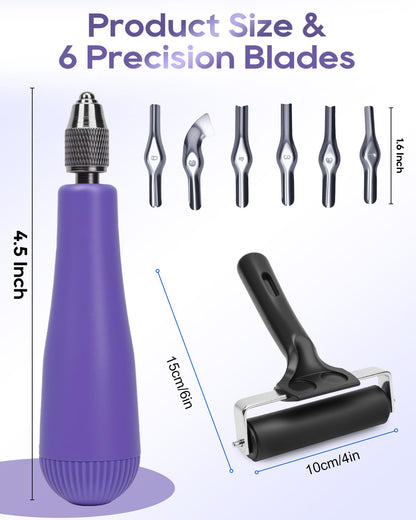 UCEC Linocut Carving Tools Linoleum Cutter Assortment for Block Printing Lino Cutting Tools for DIY Rubber Stamp Carving Kit & Beginners 6 Blades Universal Size Purple With A Brayer Roller(4 Inch)