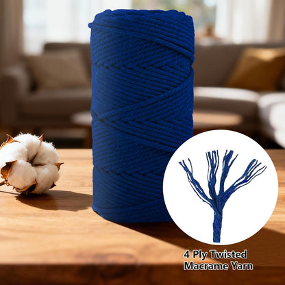 Natural Macrame Cord Cotton Rope with Wooden Beads & Rings, 6mm x109 Yards 4 Strand Twisted, Munzong Handmade Macrame Rope for Wall Hanging, DIY Craft, Knitting Plant Hanger(100m, Sapphire Blue)