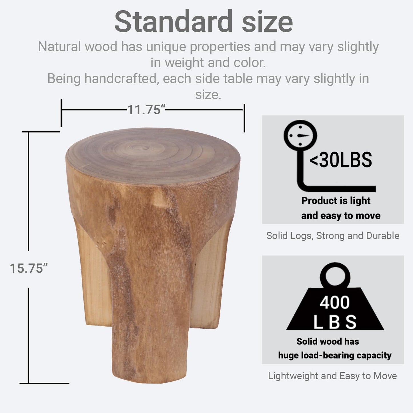 Athaliah Small Solid Wood Accent Table, Handcrafted Rustic Wooden Side Table for Sofa, Plant Stand or Decorative Use