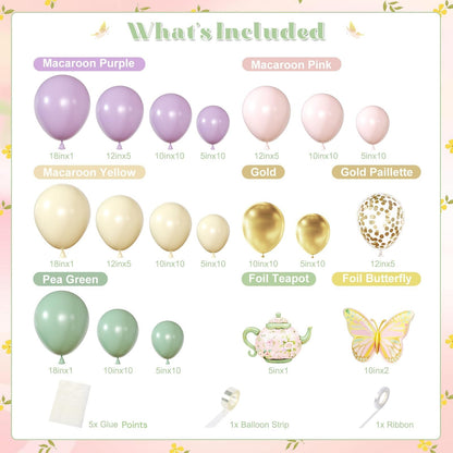 Tea Party Decorations Pastel Purple Pink Sage Green Gold Balloon Garland Arch Kit with Teapot Butterfly Foil Balloon for Tea Party Princess Birthday Spring Garden Baby Shower Bridal Shower Decoration