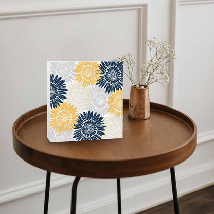Navy Blue Gray Yellow Sunflowers Wood Box Sign Desk Decor, Abstract Blooming Floral Decorative Wooden Block Box Sign Decorations for Home Office Shelf Table Decor 6x6 Inches