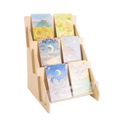 SSYYGET Greeting Card Display Stand, 3 Tier Postcard Display Stand, Portable Card Display Rack, Wooden Retail Display Holder, Magazine Organizer Rack, Stands for Valentine Cards (3 Tier)