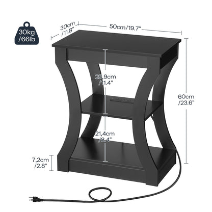 MAHANCRIS Black End Table with Charging Station, Skinny Side Table with USB Ports and Outlets, Nightstand, 3 Tier Bedside Table with Storage Shelf for Living Room, Bedroom, Small Space ETBK53E01