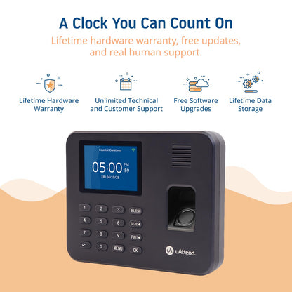uAttend RE2000 Biometric Time Clock for Employees – Fingerprint + PIN Punching, Wi‑Fi Cloud Time & Attendance System with Offline Storage, Payroll-Ready – Small Business Time Tracking