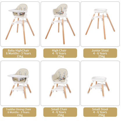 6 in 1 Baby High Chair, Convertible Wooden High Chairs/Booster Seat for Babies and Toddlers, Baby Feeding Chair with 5-Point Harness/Double Removable Tray & Adjustable Footrest (Beige)