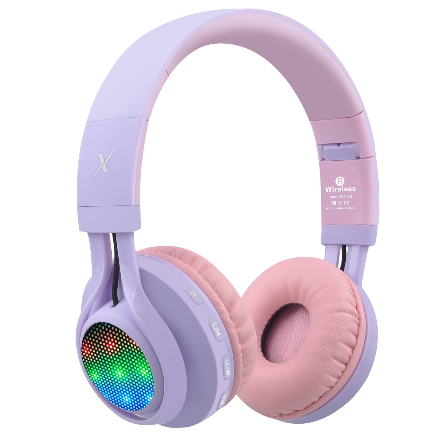 Riwbox WT-7S Kids Bluetooth Headphones Light Up, Foldable Stero Wireless Headset,with Microphone and Volume Control,Comfortable and Durable,for PC/Tablet/TV/Travel(Purple)