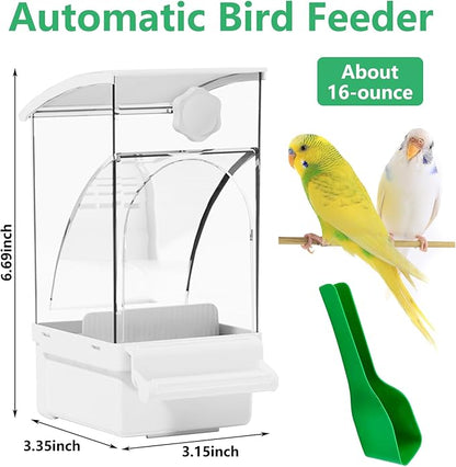 Hamiledyi 2Pcs Automatic Birds Feeder No Mess Bird Cage Feeder Transparent Acrylic Parrot Seed Food Container with Perch Bird Cage Accessories for Parakeet Finch Lovebirds Budgies Canary (White)