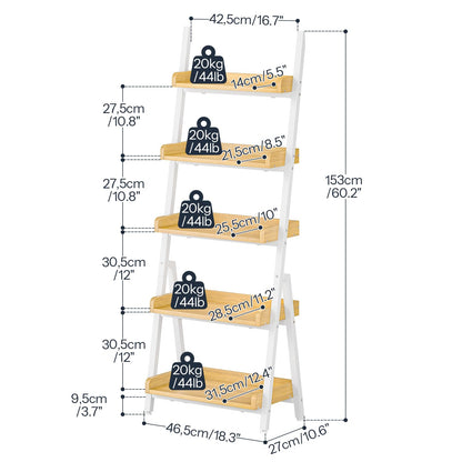 HOOBRO Small Bookcase, Ladder Shelf, 5-Tier Wall-Leaning Shelf, Freestanding Storage Rack, Display Stand, for Living Room, Home Office, Balcony, Bedroom, White and Natural WN151CJ01