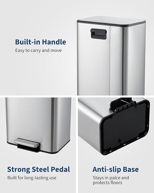 4.8 Gallon/18 Liter Trash Can, Stainless Steel Step Garbage Can with Quiet Soft-Close Lid, Foot Pedal & Removable Inner Bucket, Rectangular Trash Bin for for Small Kitchen Home Garage Office, Silver