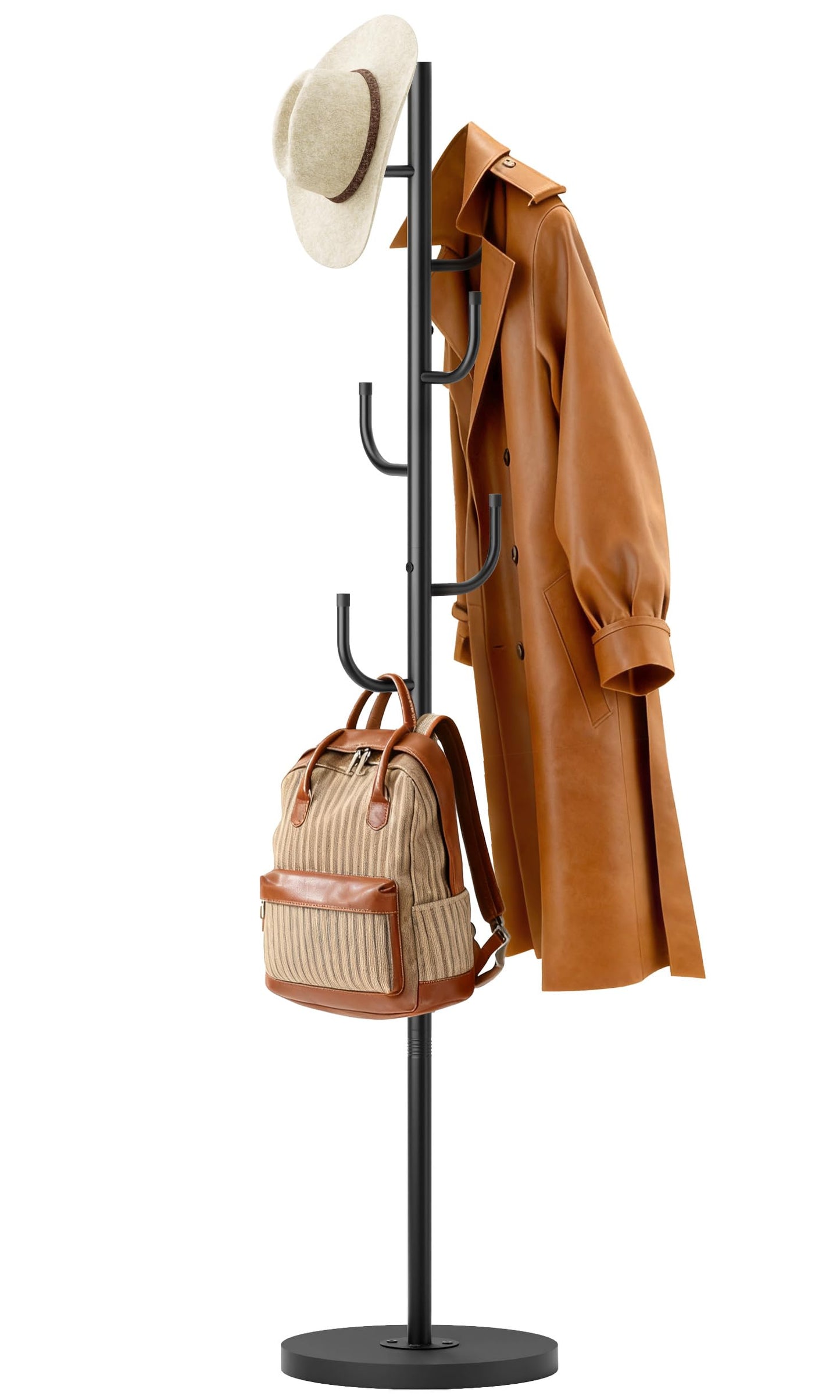 MISSLO Heavy Duty Coat Rack Freestanding with Stable Wood Base Metal Coat Tree Adjustable Coats Hanger Stand with 6 Hooks Clothes Tree for Jackets, Hats, Bags Standing Purse Rack for Bedroom, Office