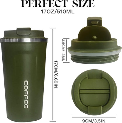 YINBAOGE Insulated Travel Coffee Mug, Spill & Leak Proof, Portable To Go Camping Stainless Steel Coffee Tumbler, Reusable Thermal Coffee Cup with Lid for Hot & Cold Drinks (2nd-Green, 17 OZ)