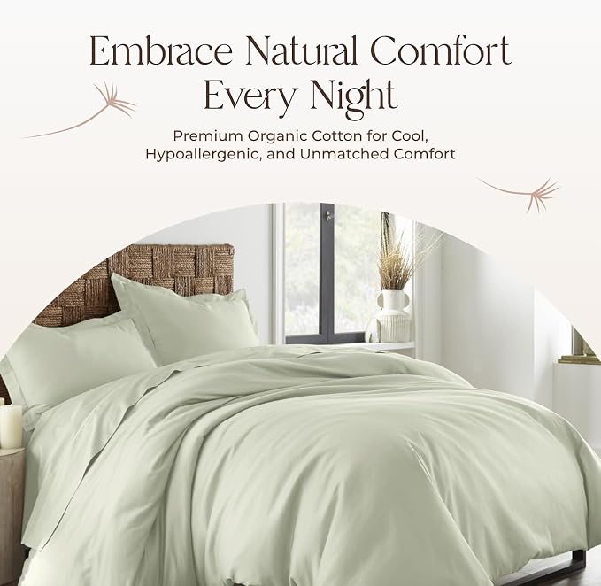 100% Organic Cotton Duvet Cover Queen Size - Naturally Soft Lightweight & Cooling Duvet Cover Set with Decorative Shams - Premium GOTS Certified 300 Thread Count Sateen Weave (Pastel Green, Queen)